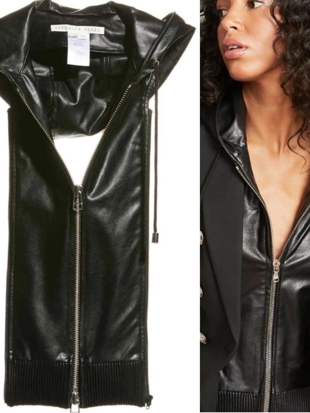 Veronica Beard Black Vegan Leather Hooded Dickey Insert Rare One Size